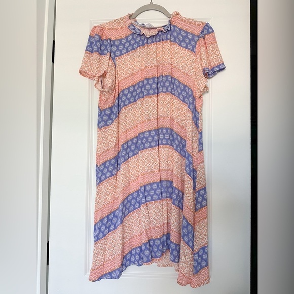 C’est La Vie Boho Stripe Mini Dress Ruffle Crew Neck Blue and Orange XL - Picture 1 of 7